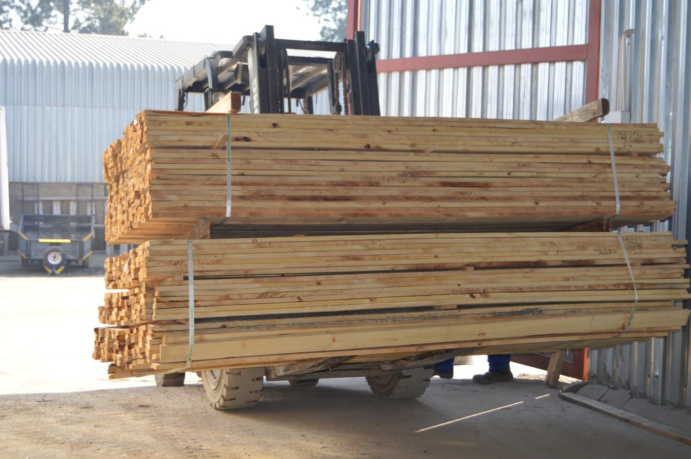 Forklift carrying a load of timber